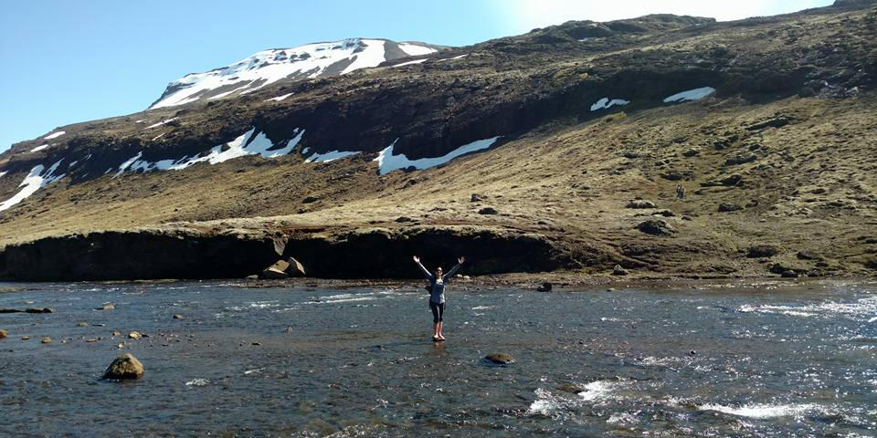 Mar on a stepping stone in a river crossing in Iceland